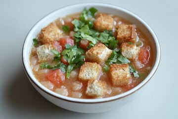 Creamy white bean soup, vibrant tomato chunks, and crispy croutons, garnished with fresh herbs in a simple white bowl