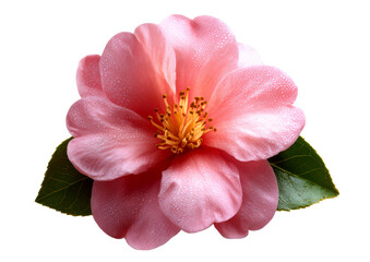 Obraz premium Soft Pink Camellia Flower with Dewy Petals and Green Leaves Isolate on Transparent Background, cutout, png