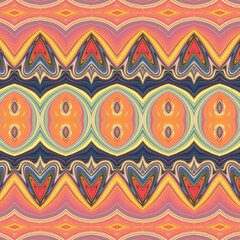 Fototapeta premium Retro geometric pattern with orange, red, and green tones in abstract kaleidoscope style, seamless modern design ideal for fabric or wallpaper.