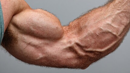 A person flexes a well-defined bicep and forearm, highlighting muscle growth and definition. The individual appears to be engaged in a strength training routine focused on upper body development.