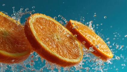 Orange slices in water splashes