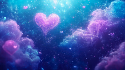 Dreamy Celestial Vista with Glowing Pink Hearts, Sparkling Stars, and Ethereal Purple Nebulae in Cosmic Blue Sky