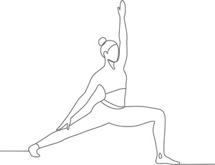 Graceful woman performing warrior yoga pose with flowing lines, promoting wellness and balance