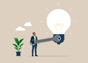 Sharing knowledge and exchange ideas. Businessman holding wrench mechanism with bolt, repairing or restoring light bulb. Interface customization, programming. Flat vector illustration