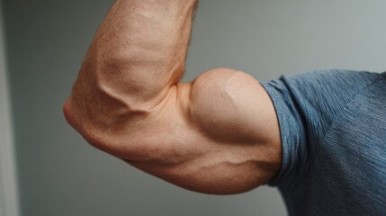 A close-up view of a well-defined arm flexing to showcase impressive muscle definition, highlighting strength and fitness, with a neutral background.