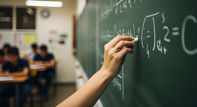 Hand writing math formulas on chalkboard. Educational concept, hyper realistic detail.