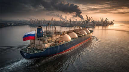 Fototapeta premium Energy Transport on Water: A colossal liquefied natural gas tanker majestically sails towards a bustling industrial port.
