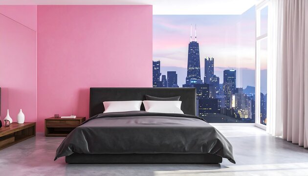 Fototapeta Modern bedroom with city view (8)