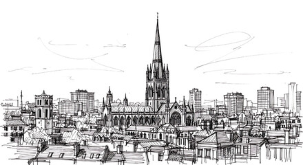 Fototapeta premium Vienna, Austria skyline featuring St. Stephen's Cathedral. A detailed hand-drawn black and white sketch of the historic European capital.