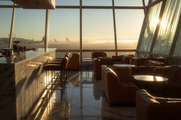 AI-generated illustration of airport lounge with leather seating and a view of the runway at sunrise