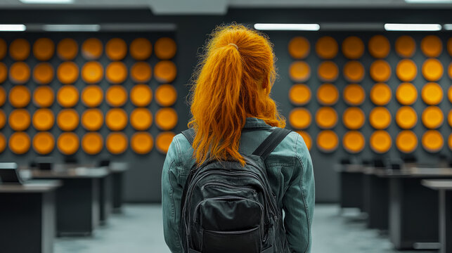 Rear view of student with fiery orange hair tied in ponytail and backpack, observing modern, structured classroom or tech space featuring striking wall with grid of bright orange circular elements