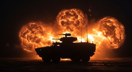 Military vehicle silhouette against explosion background