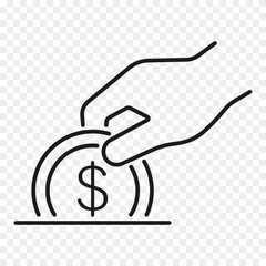 hand puts coin into piggy bank line vector icon
