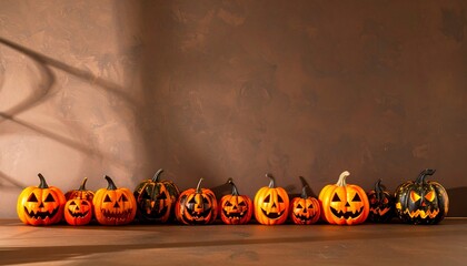 Halloween pumpkins on a brown background