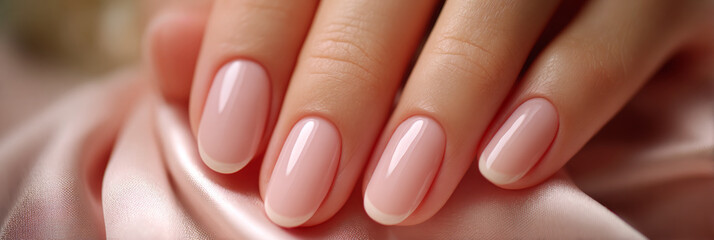 Hands with a classic French manicure are gently placed on luxurious, soft fabric. The delicate pink polish contrasts beautifully with the white tips, creating an elegant look, banner