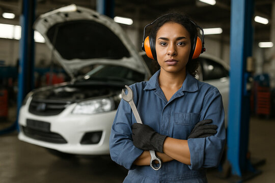 Confident young African American female auto mechanic with wrench in repair shop, breaking gender stereotypes in male-dominated profession. Concept represents diversity and workplace inclusion.