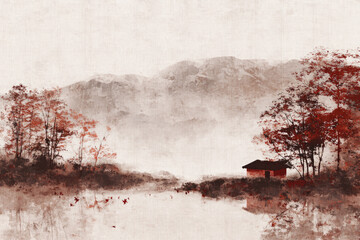 A serene landscape showcases fog-covered mountains reflected in calm waters, surrounded by autumn foliage and a solitary red house by the shore