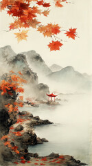 A serene landscape showcases fog-covered mountains reflected in calm waters, surrounded by autumn foliage and a solitary red house by the shore