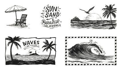 Vintage beach and ocean illustrations with tropical vibes