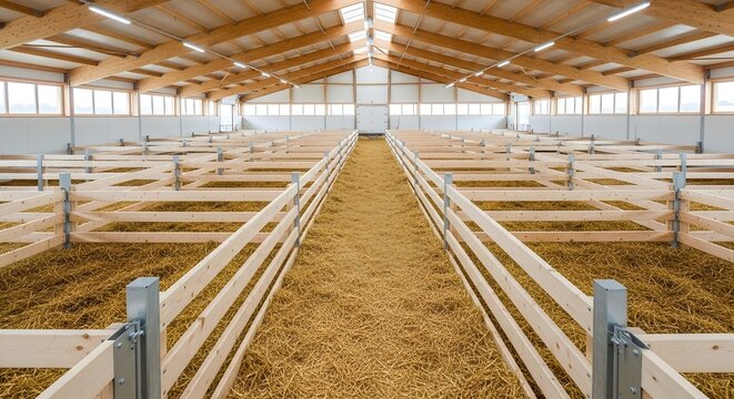 Spacious empty barn interior with wooden beams and stalls, ready for livestock or animals - Powered by Adobe