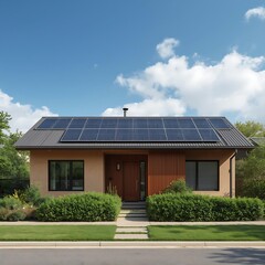 Fototapeta premium Modern suburban house with solar panels installed on rooftop under clear blue sky, eco-friendly residential architecture photo showcasing renewable energy, green living, and sustainable housing design