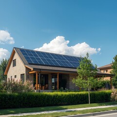 Fototapeta premium Modern suburban house with solar panels installed on rooftop under clear blue sky, eco-friendly residential architecture photo showcasing renewable energy, green living, and sustainable housing design