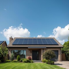 Fototapeta premium Modern suburban house with solar panels installed on rooftop under clear blue sky, eco-friendly residential architecture photo showcasing renewable energy, green living, and sustainable housing design