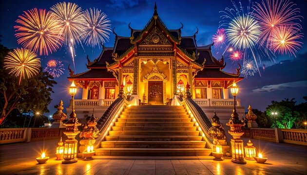 Vibrant fireworks exploding above a lit temple at night