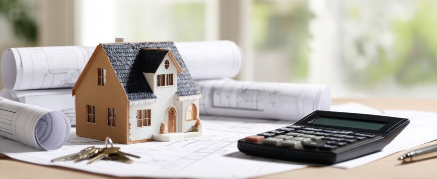 The house model on architectural blueprints with calculator keys and planning documents