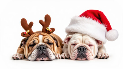 Fototapeta premium Festive bulldogs wearing reindeer antlers and Santa hat, peacefully sleeping together, embodying holiday cheer and warmth