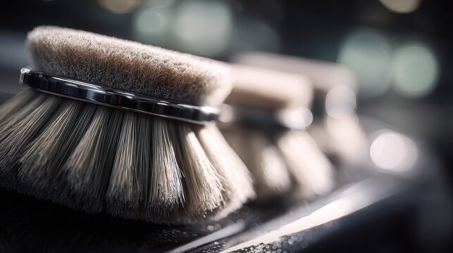 Closeup of rotating brushes gently scrubbing a vehicles surface main brush elements sharp in focus with soft outoffocus equipment in the backdrop.