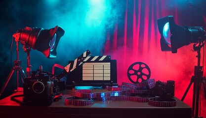 A cinematic composition featuring a film clapperboard, vintage film reels with unrolled film strips, and an old-style movie camera
