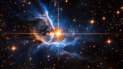 stars in a nebula, blue, flare, sinister, ominous, quiet
