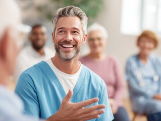 Healthcare professional engaging with community members in a warm environment educational workshop supportive atmosphere