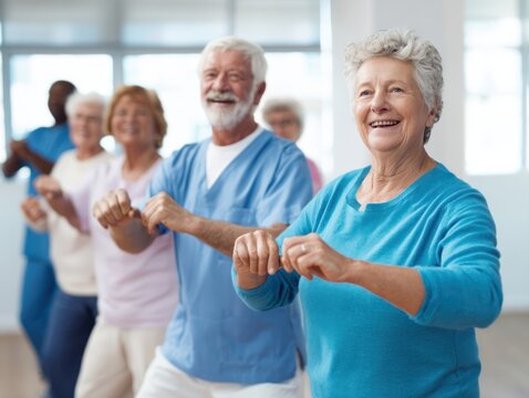 Group dance activity for seniors community center health engagement indoor space uplifting atmosphere