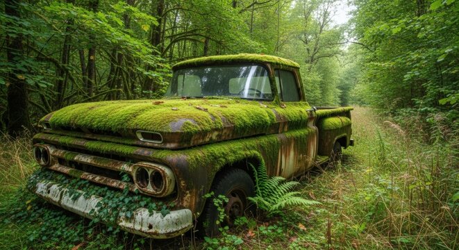 Abandoned Vintage Truck Covered in Moss and Rust in Overgrown Forest
