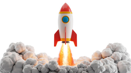 A 3D rendered illustration of a retro-style rocket ship launching with bright orange flames and white smoke beneath it