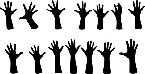 set of hand reaching silhouette, raised hands, unity, crowd, celebration. Black silhouettes of enthusiastic hands reaching upwards against a white background. Depicts unity, celebration