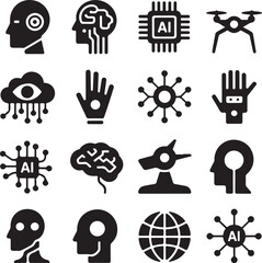 Artificial Intelligence Icons Set With Brains And Circuits vector illustration