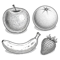 Set of Apple, Orange, Banana, and Strawberry, Ink Style