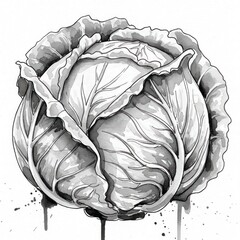head of cabbage isolated. Ink style
