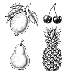 Set of Lemon, Pear, Cherry, and Pineapple, Ink Style