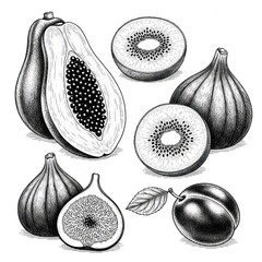 Set of Papaya, Kiwi, Fig, and Plum, Ink Style
