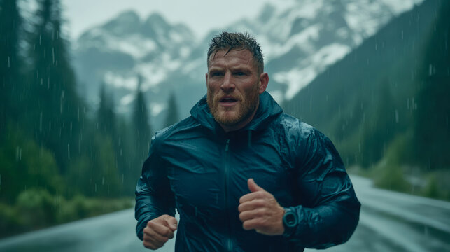 Powerful portrait of bearded man running through heavy downpour on road, dressed in protective jacket, showcasing athletic endurance in dramatic mountain forest environment. - Powered by Adobe
