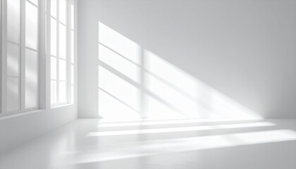 Obraz premium Sunlight streams through large window illuminating empty white room creating bright and minimalist atmosphere with clean lines and polished floor.