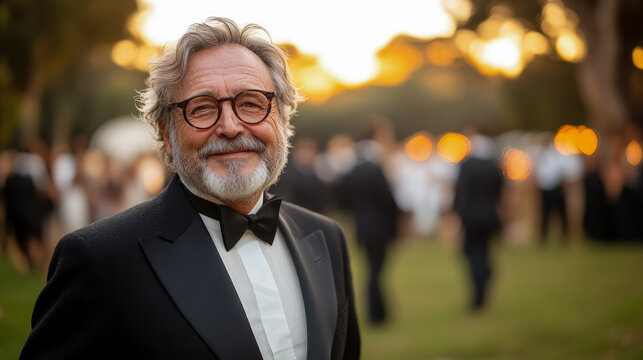 happy and distinguished mature man in a tuxedo and glasses, smiling at an elegant outdoor evening event or wedding reception during sunset