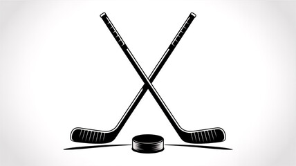 A black and white illustration of two crossed hockey sticks positioned diagonally across each other, with a black hockey puck placed beneath them.