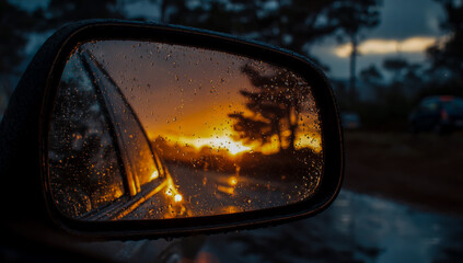 Reflection of a vibrant sunset over a tree lined road in a car s side mirror