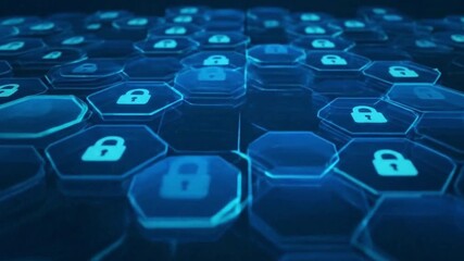 Abstract Digital Security: Animated Hexagonal Grid with Glowing Padlock Icons - Powered by Adobe