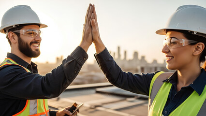 Team success shows two construction workers giving each other a high five. Happy construction workers are celebrating team success outdoors with city skyline behind them,